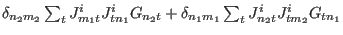 $\textstyle \delta_{n_2m_2}\sum_tJ^i_{m_1t}J^i_{tn_1}G_{n_2t}
+ \delta_{n_1m_1}\sum_tJ^i_{
n_2t}J^i_{tm_2}G_{tn_1}$