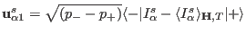 ${\mathbf u^s_{\alpha1}}=\sqrt{(p_--p_+)}\langle -\vert I^s_{\alpha}-\langle I^s_{\alpha}\rangle_{\mathbf H,T}\vert+\rangle$