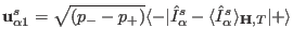 ${\mathbf u^s_{\alpha1}}=\sqrt{(p_--p_+)}\langle -\vert\hat I^s_{\alpha}-\langle \hat I^s_{\alpha}\rangle_{\mathbf H,T}\vert+\rangle$